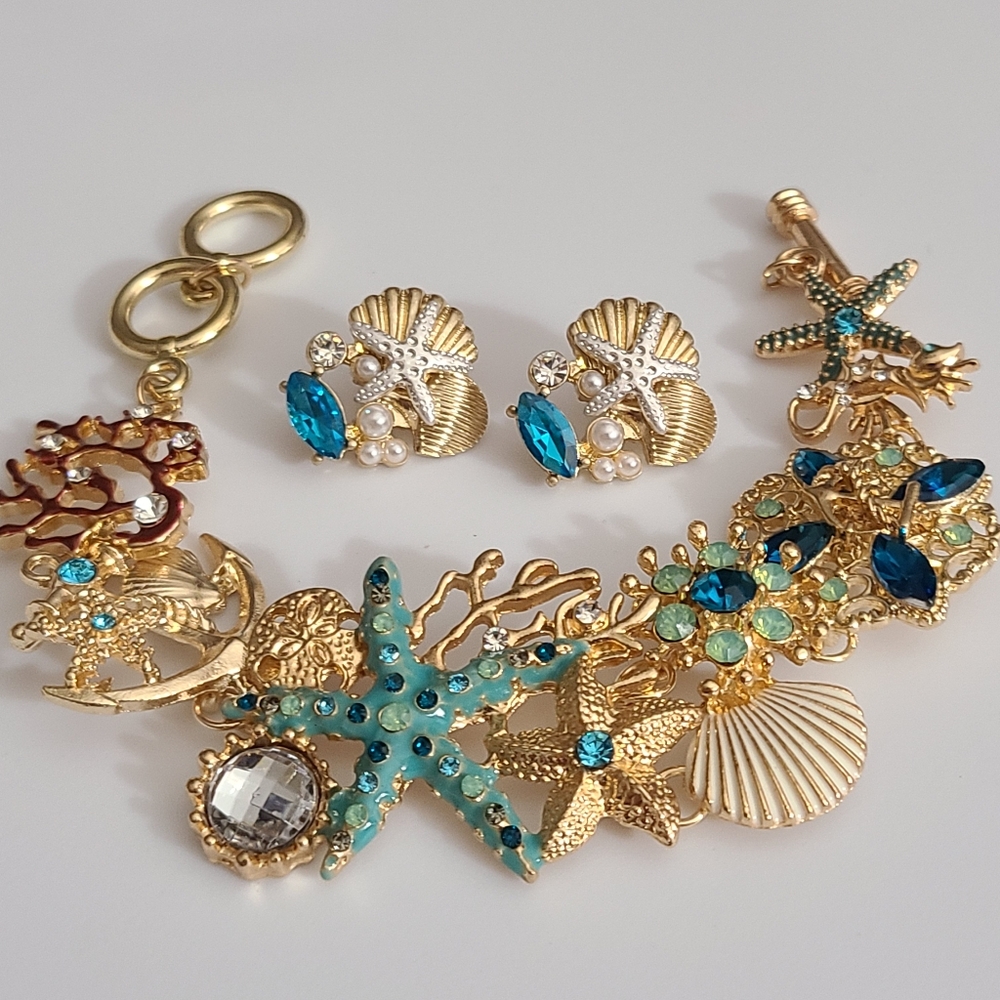 Set Sea Reef Bracelet Earrings Ocean Rhinestones Starfish Shells Coral Pearls